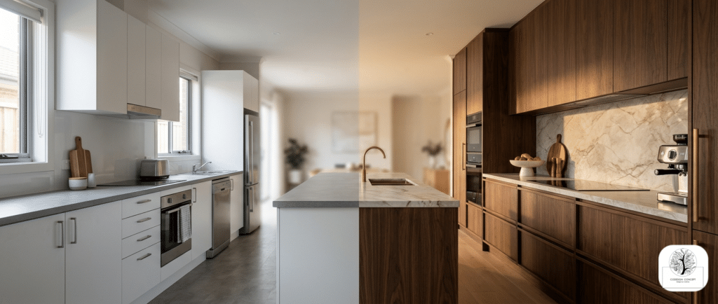Comparaison visuelle entre deux cuisines au même prix : à gauche, une cuisine blanche standard ; à droite, une cuisine sur-mesure en bois noyer avec crédence en marbre et quincaillerie dorée CoDesign-Concept