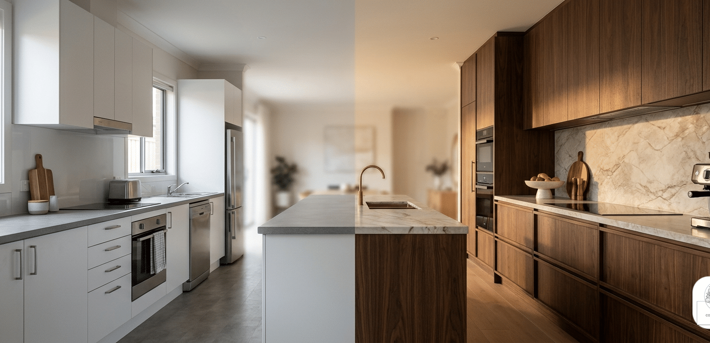 Comparaison visuelle entre deux cuisines au même prix : à gauche, une cuisine blanche standard ; à droite, une cuisine sur-mesure en bois noyer avec crédence en marbre et quincaillerie dorée CoDesign-Concept