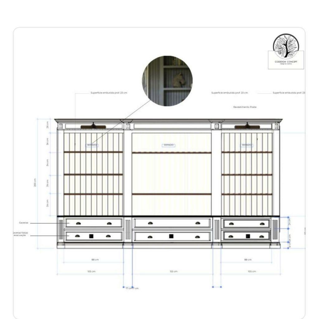 Plan technique bibliothèque sur mesure 290 cm, fabrication Portugal, finition ripado et caissons à tiroirs - Codesign Concept