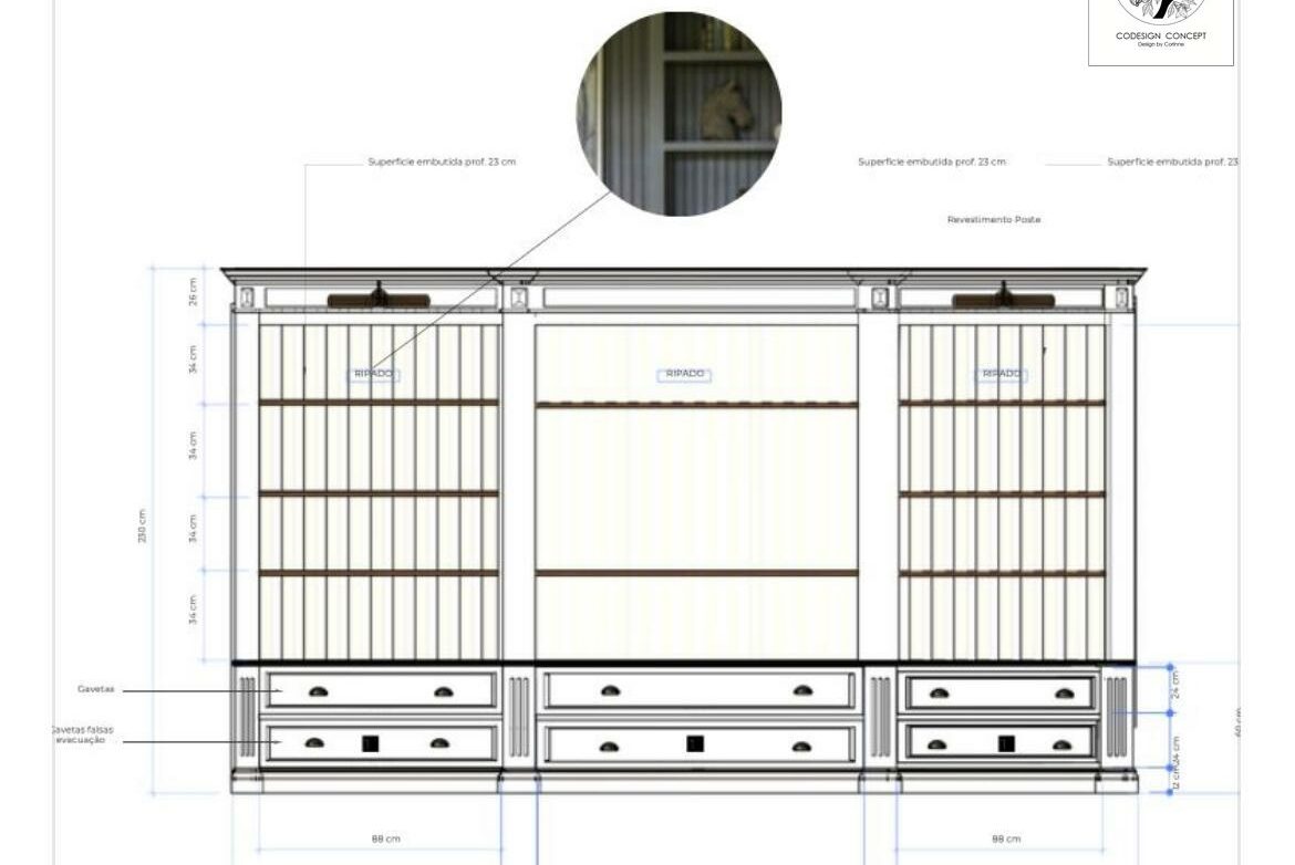 Plan technique bibliothèque sur mesure 290 cm, fabrication Portugal, finition ripado et caissons à tiroirs - Codesign Concept