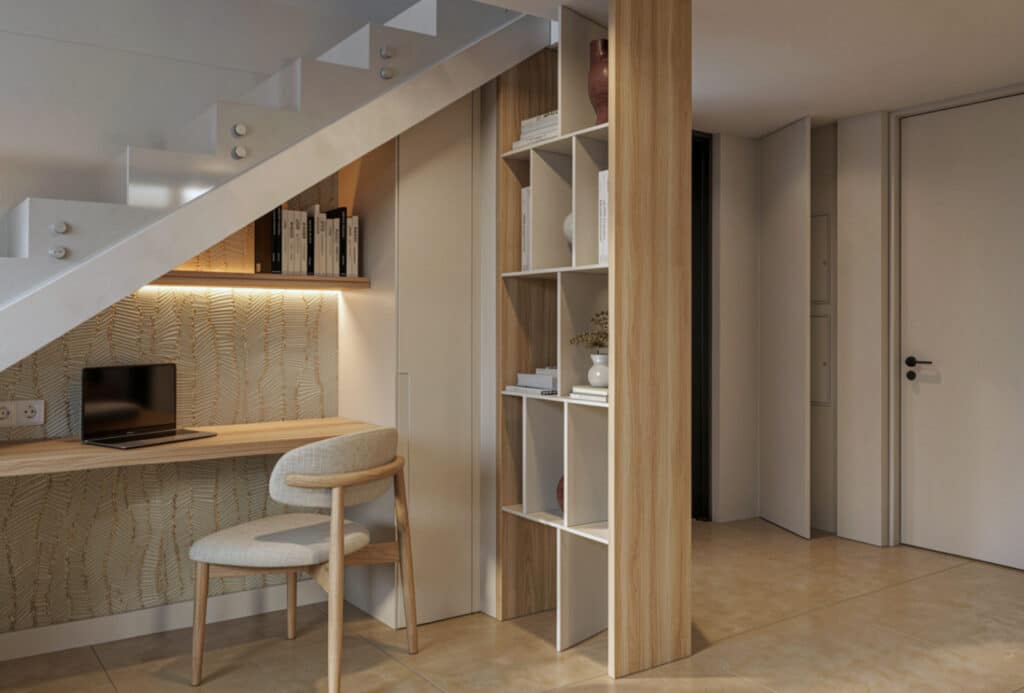 meuble sous escalier sur mesure avec bureau intégré