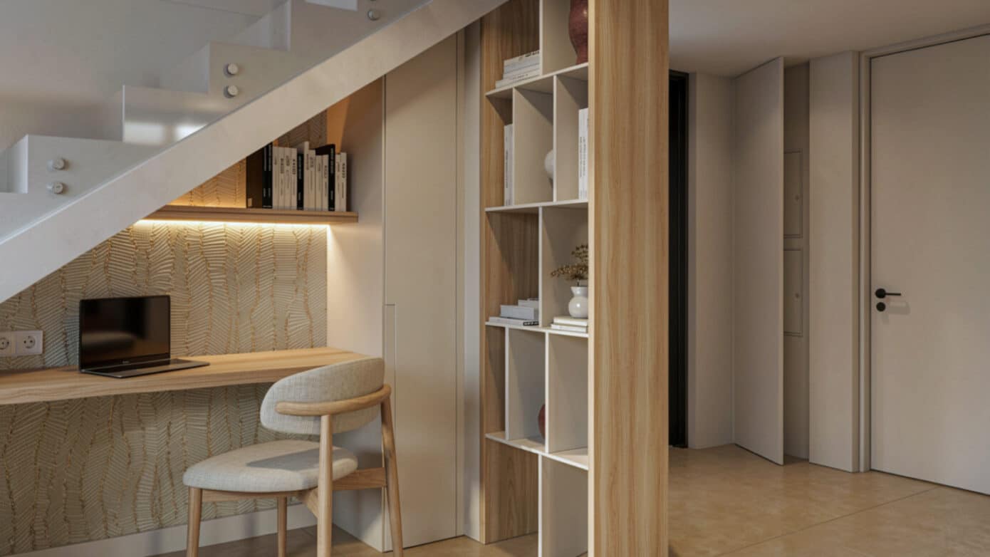 meuble sous escalier sur mesure avec bureau intégré