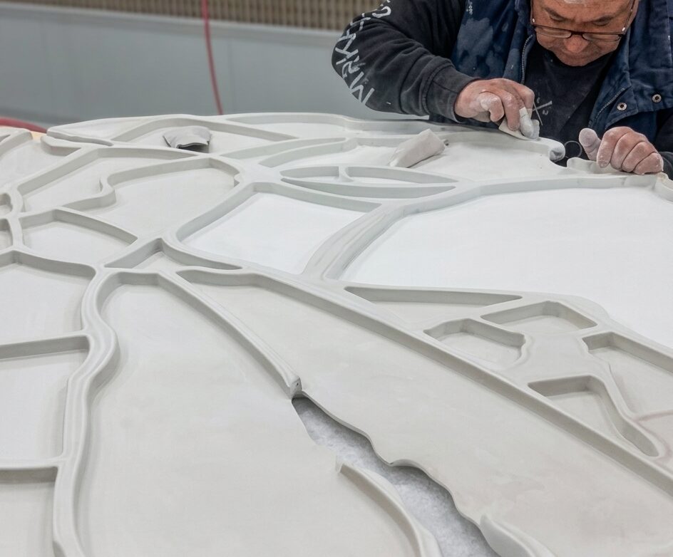 Artisan ponçant à la main un grand panneau décoratif sur mesure dans un atelier de fabrication