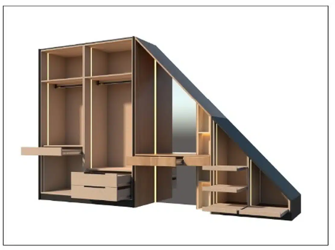 Vue 3D d’un dressing sur mesure sous pente : penderies, miroir intégré, tiroirs et éclairage LED