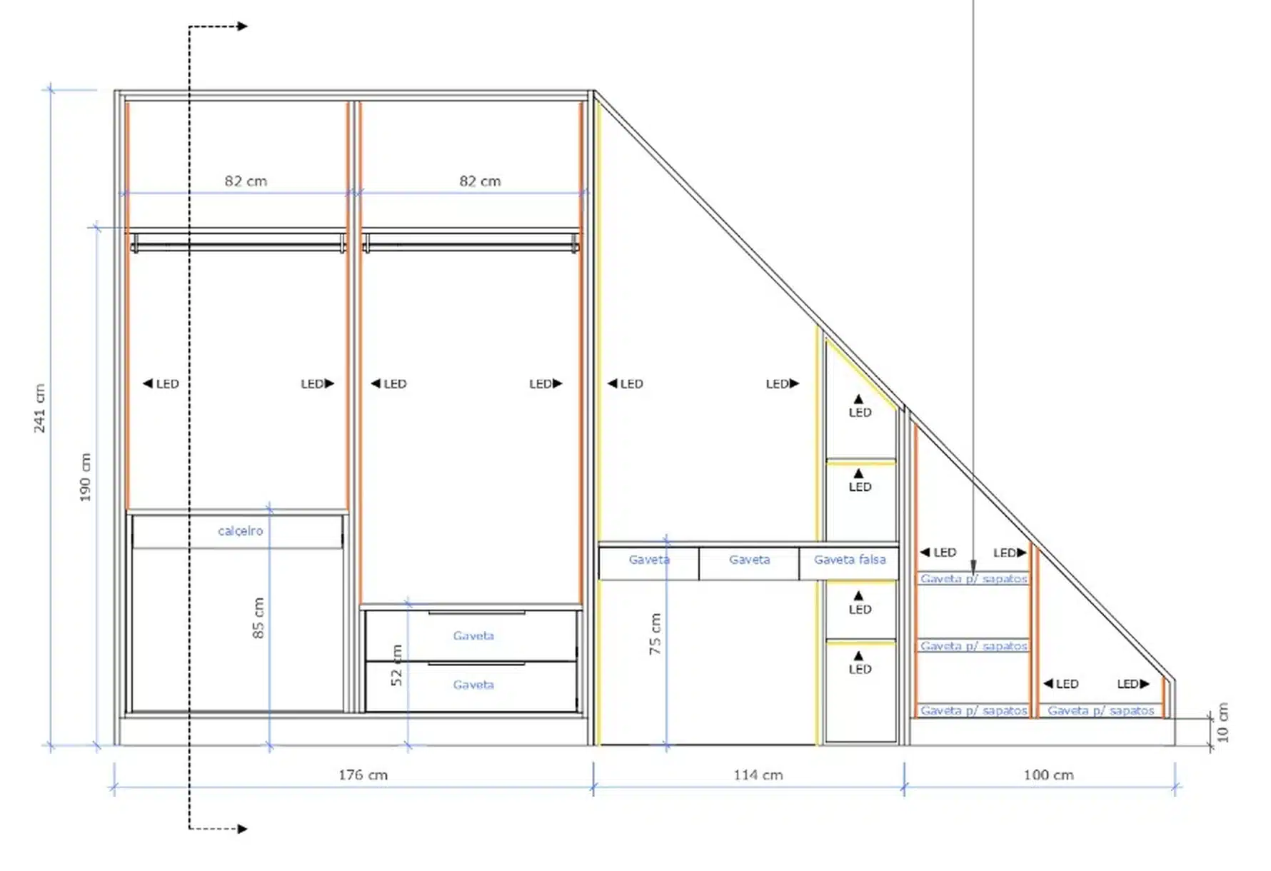 Élévation cotée du plan de fabrication d’un dressing sous pente de 3,90 m linéaires
