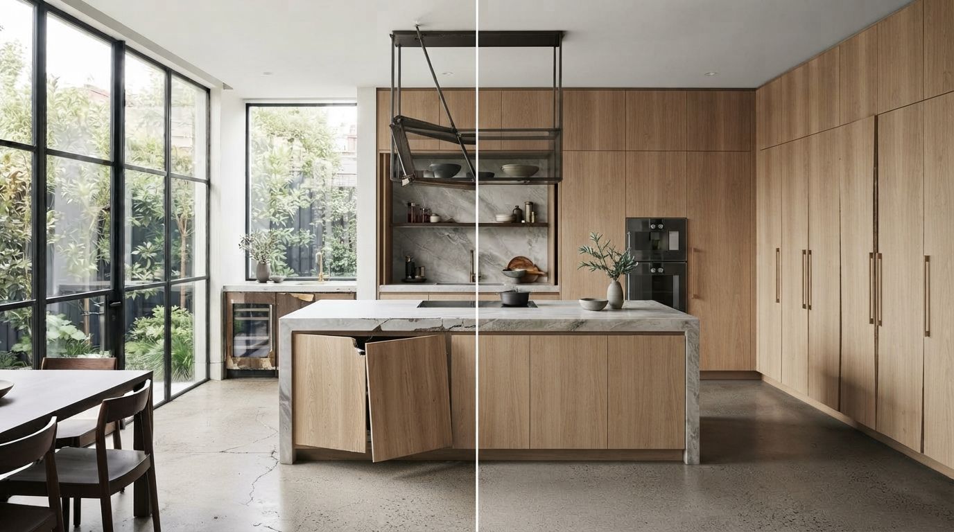 Exemple de mobilier sur mesure en bois et marbre, illustration pour un devis mobilier sur mesure comparant la qualité des matériaux