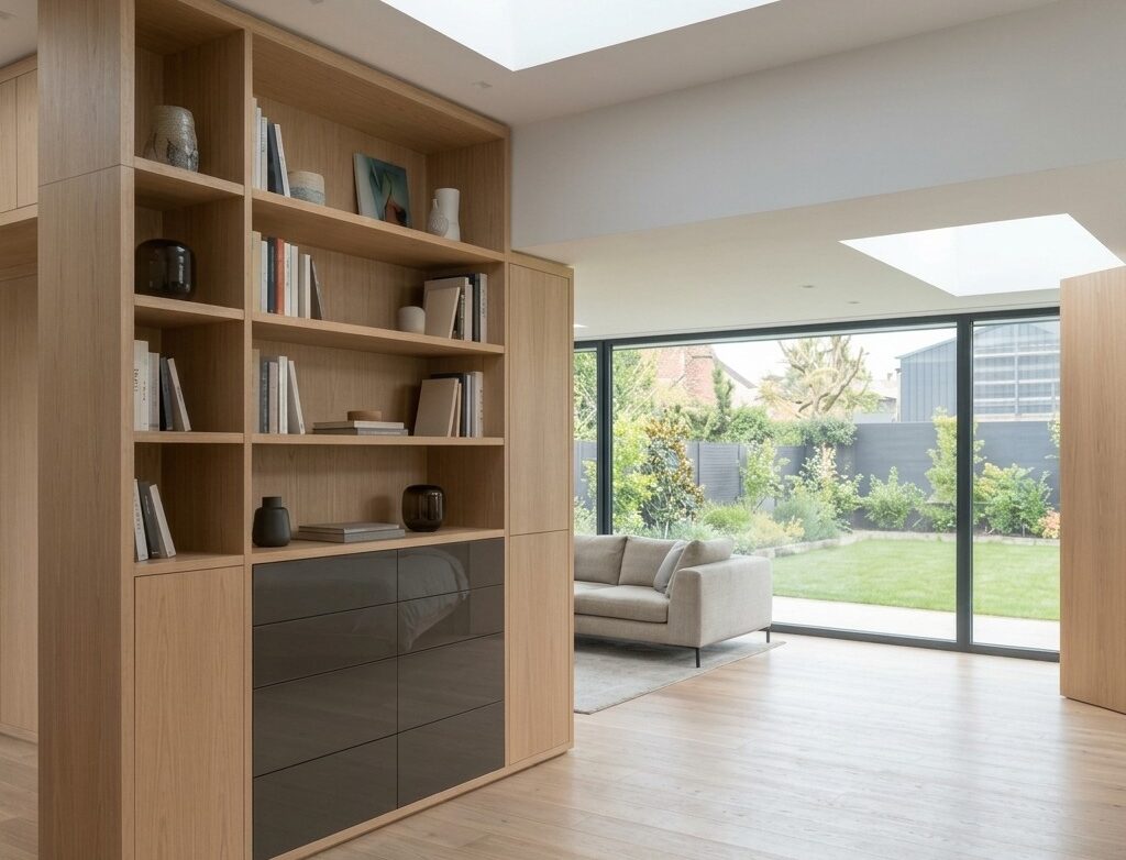 Bibliothèque sur mesure intégrée en chêne clair, avec caissons laqués, dans un salon baigné de lumière naturelle pour architectes