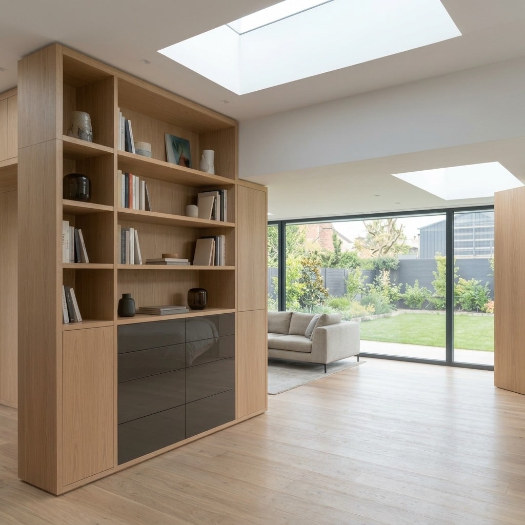 Bibliothèque sur mesure intégrée en chêne clair, avec caissons laqués, dans un salon baigné de lumière naturelle pour architectes