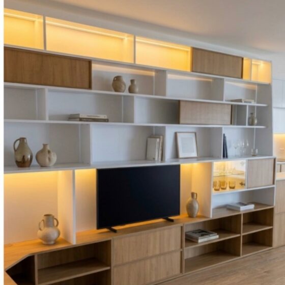 Bibliothèque et meuble TV sur mesure en MDF finition chêne clair avec éclairage LED intégré, réalisés par Codesign Concept pour un cabinet de décoration à Levallois-Perret