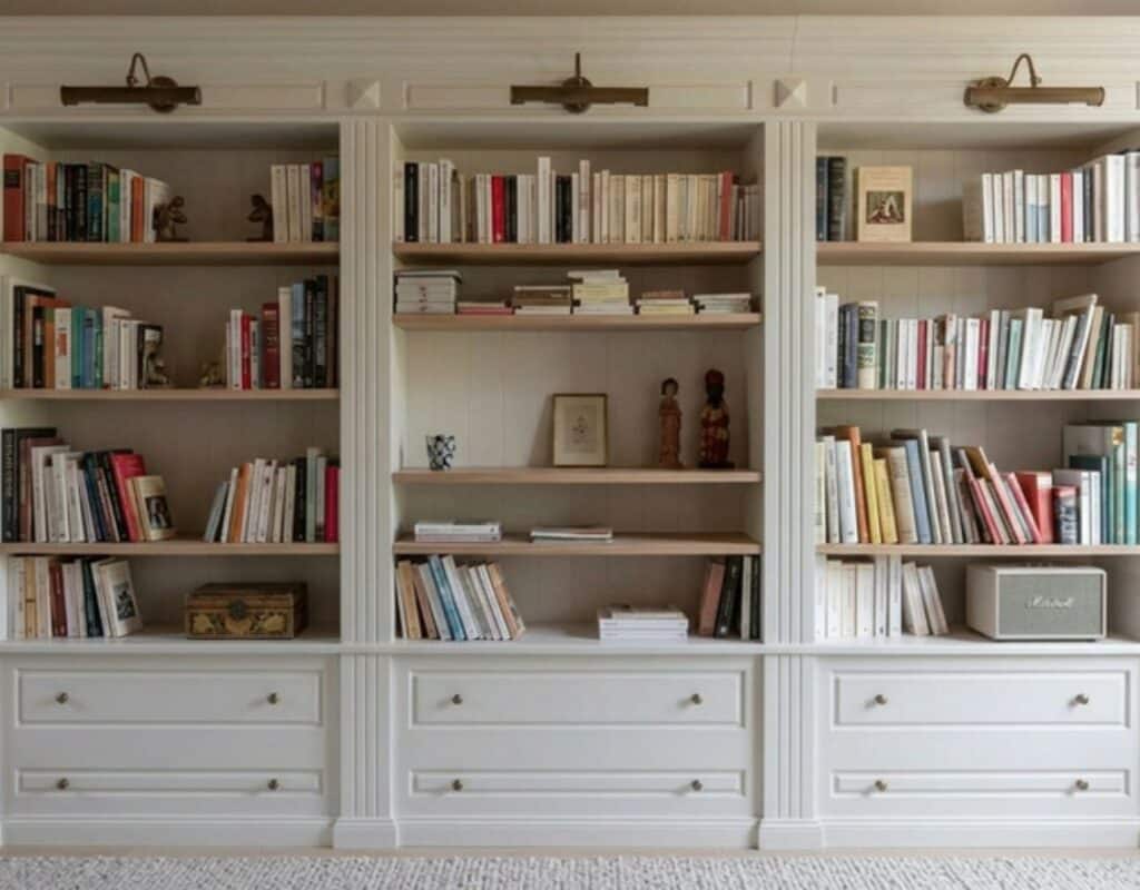 Bibliothèque sur mesure en MDF avec moulures, étagères ouvertes, tiroirs et appliques, réalisée par Codesign Concept