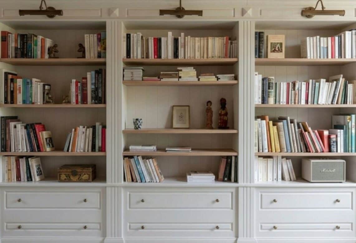 Bibliothèque sur mesure en MDF avec moulures, étagères ouvertes, tiroirs et appliques, réalisée par Codesign Concept