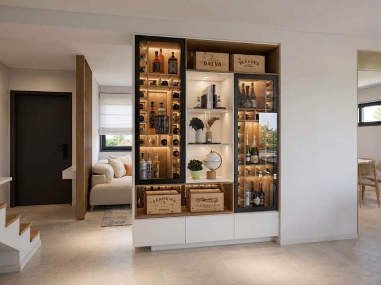 Cave à vin et meuble vitrine sur mesure en chêne, vitrage fumé et éclairage LED, pièce de réception en Bretagne
