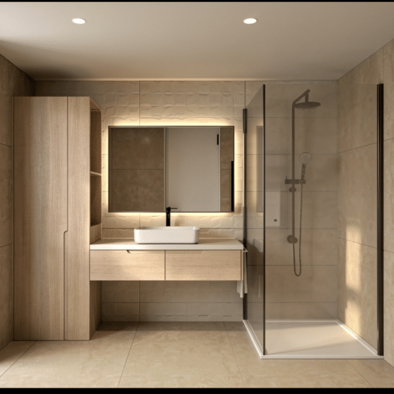 Meuble vasque suspendu et colonne de rangement en chêne clair, salle de bain sur mesure, résidence à Lisbonne