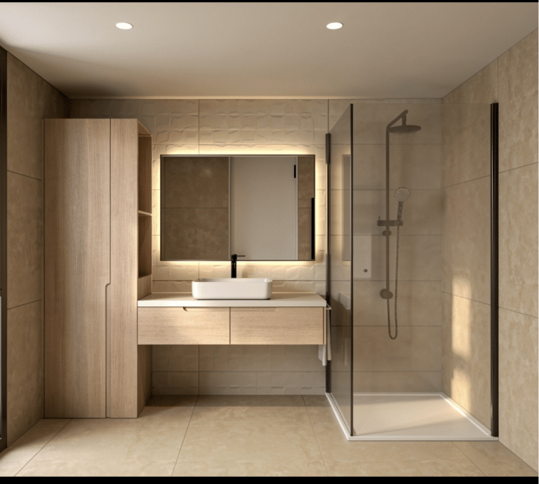 Meuble vasque suspendu et colonne de rangement en chêne clair, salle de bain sur mesure, résidence à Lisbonne