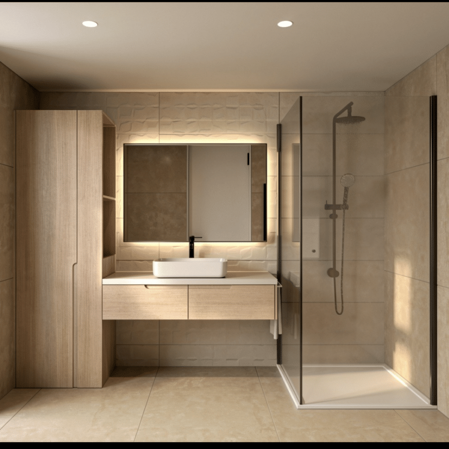 Meuble vasque suspendu et colonne de rangement en chêne clair, salle de bain sur mesure, résidence à Lisbonne